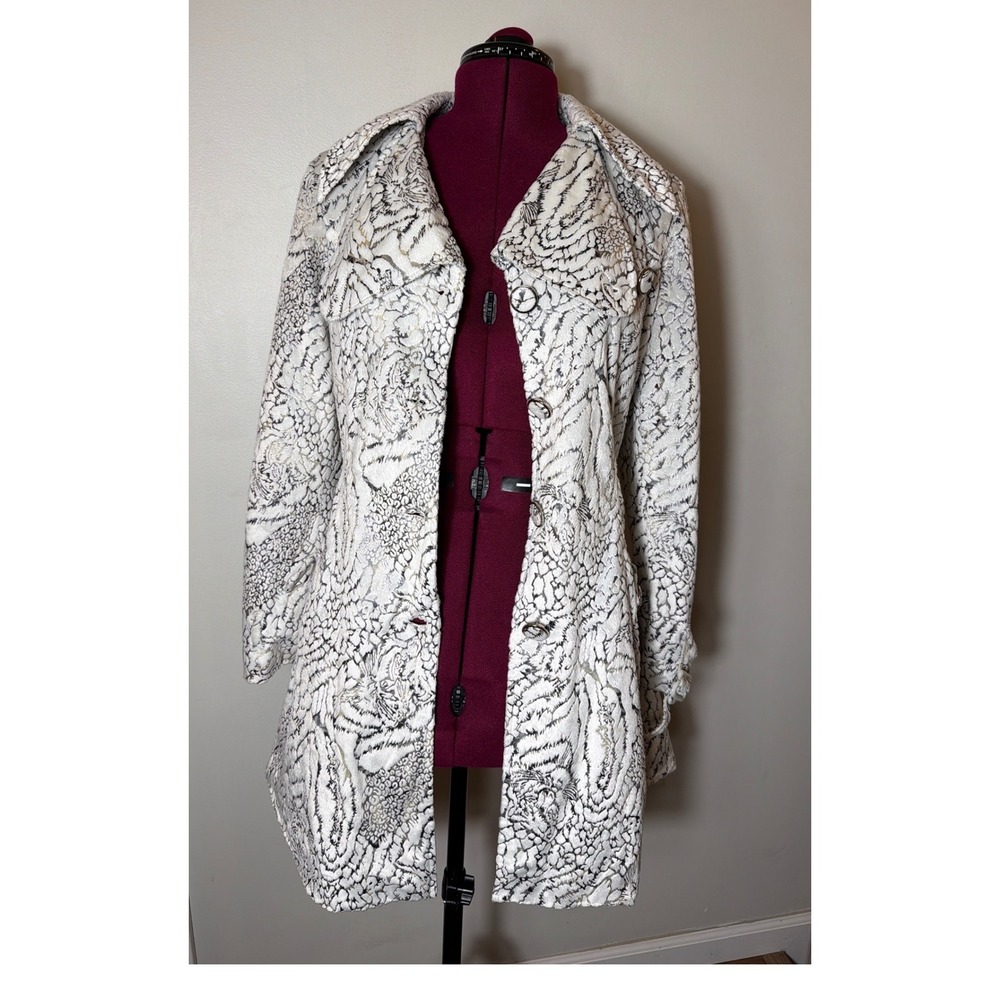 Max Mara Women White Black Brocade Textured Metallic Button Front Coat Large
